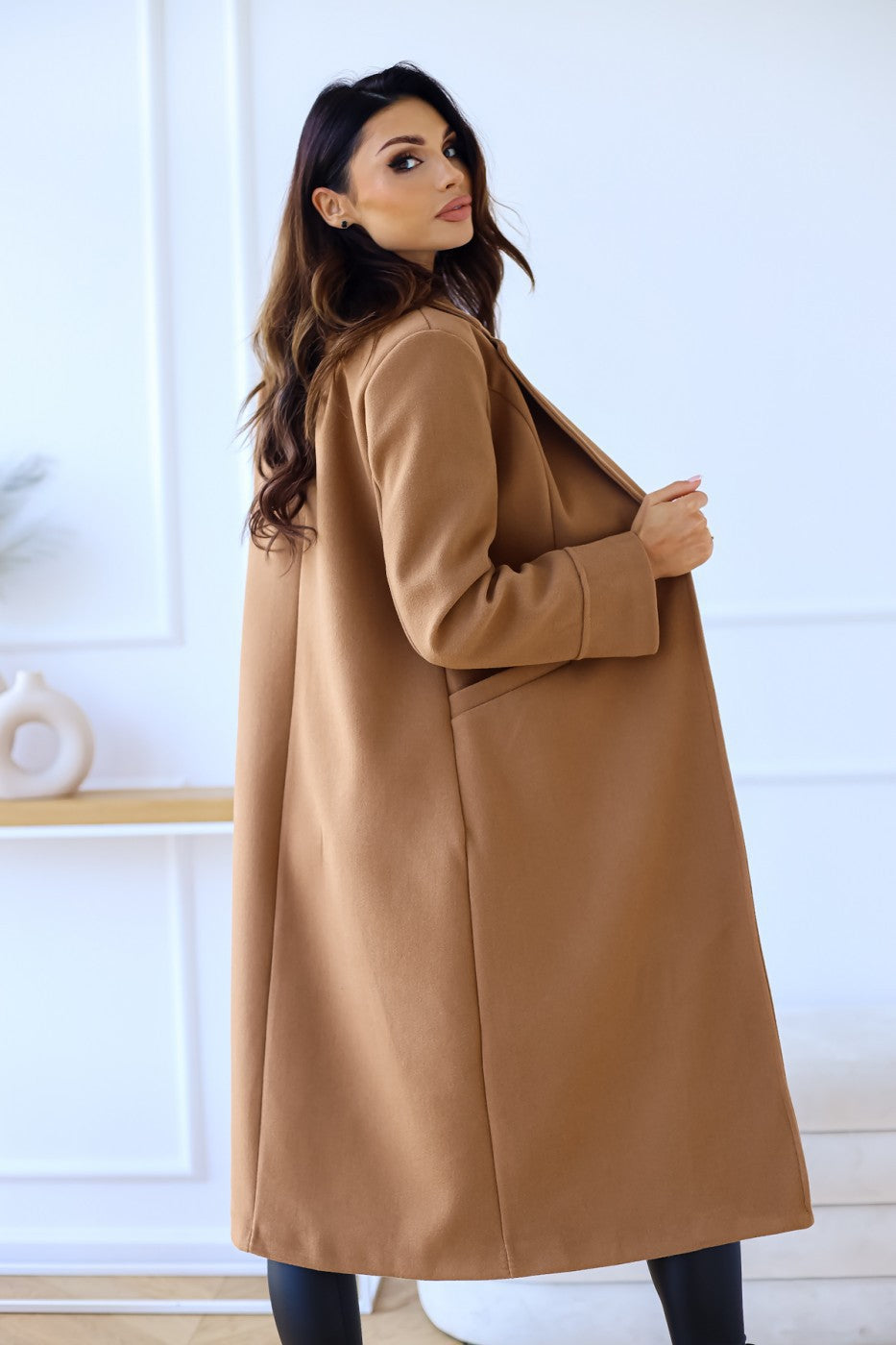 Autumn Winter Women Clothing Simple Solid Color Double Breasted Long Sleeve Collared Button Woolen Coat
