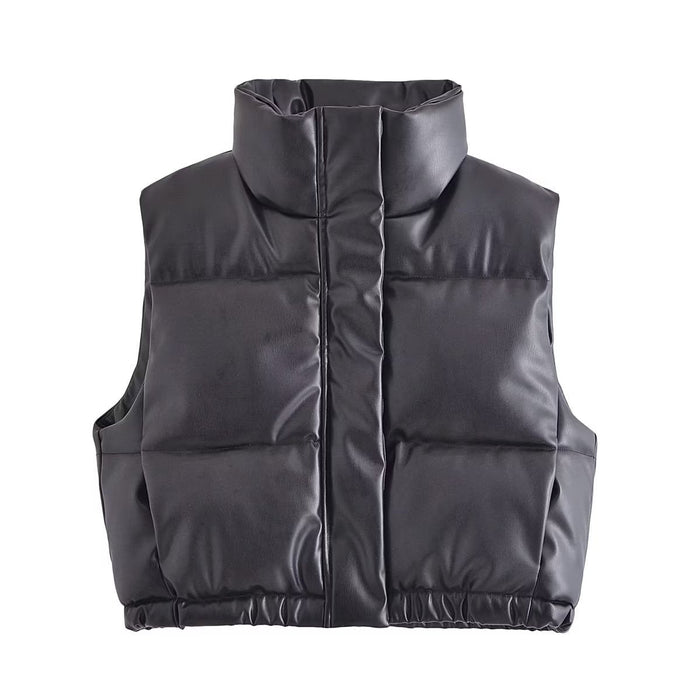 Stand Collar Faux Leather Short Cotton Jacket Vest Autumn Winter Casual Women Quilted Slim Fit Cotton Vest