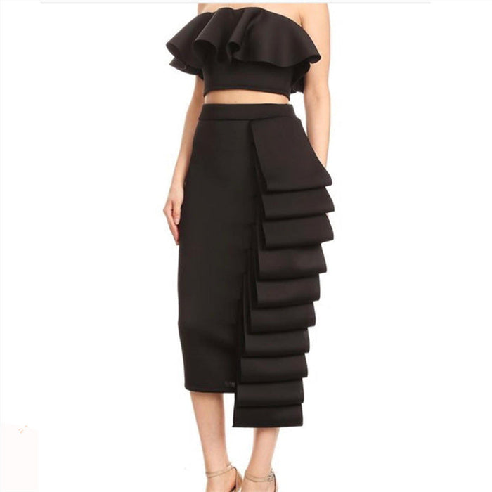 Sexy Layered High Waist Skirt Wrapped Chest Short Top Slimming Two Piece Set Women Two Piece Set