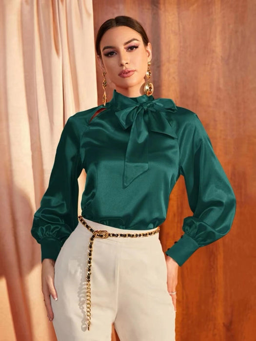 Women Shirt Autumn Elegant Solid Color Satin Long Sleeve Bow Collar Women Top