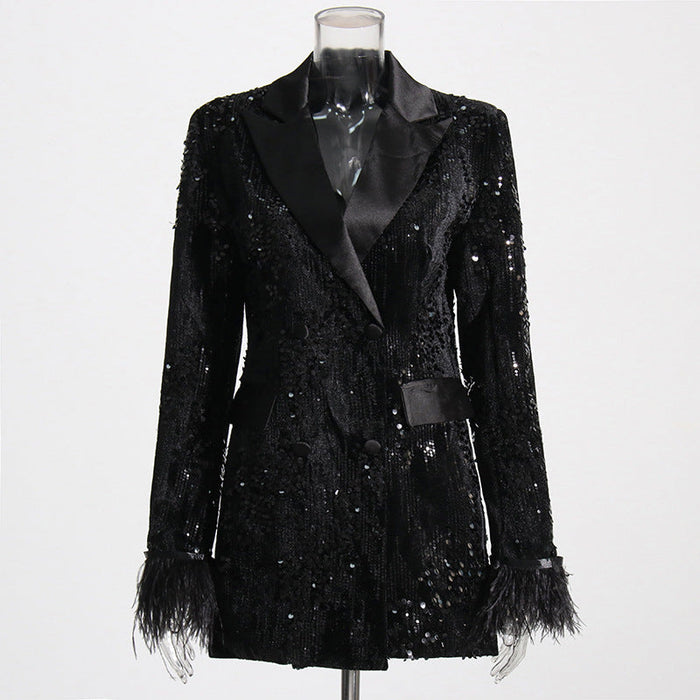 Autumn Socialite Affordable Luxury Sequined Blazer  Slim Fit Cuff Furry Stitching Small Blazer