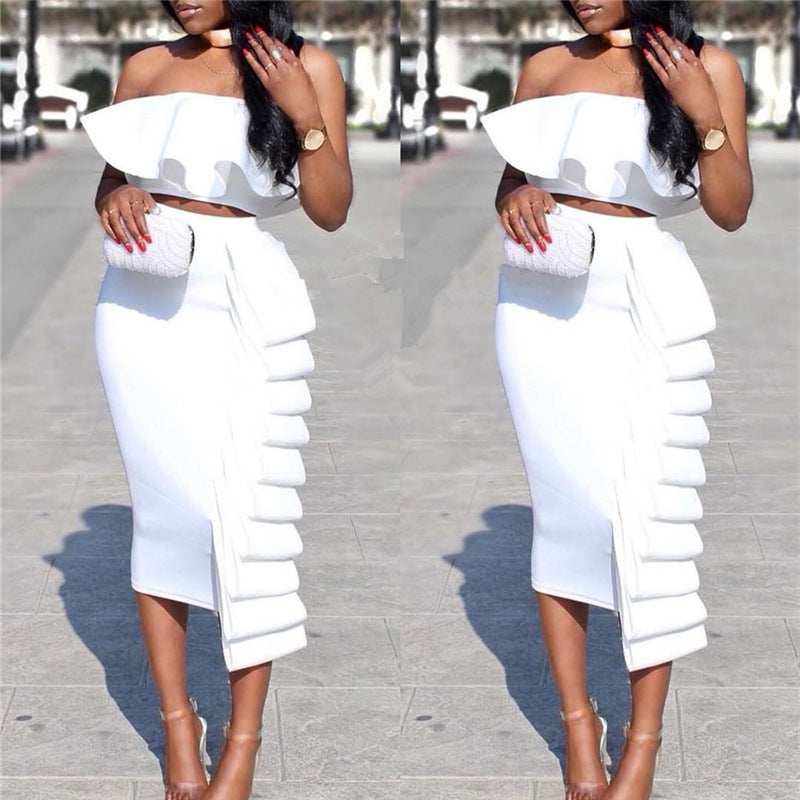 Sexy Layered High Waist Skirt Wrapped Chest Short Top Slimming Two Piece Set Women Two Piece Set