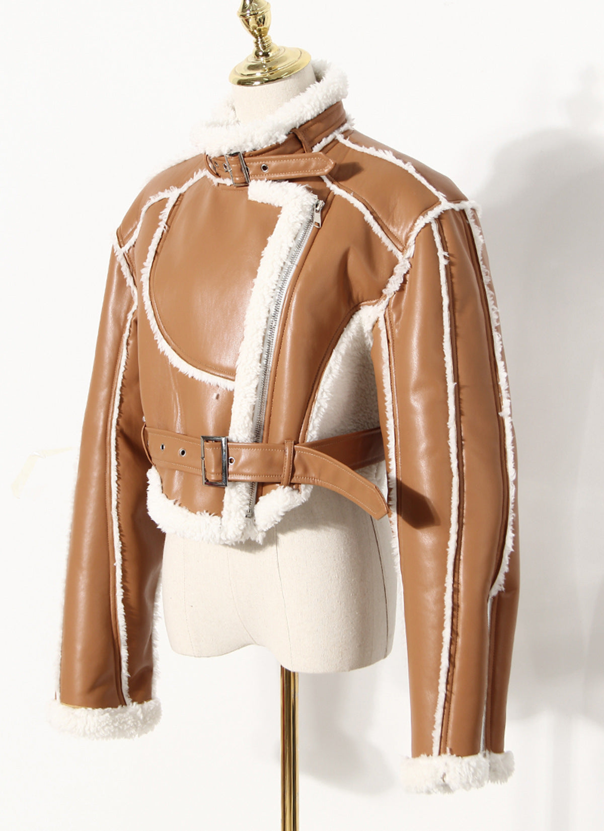 Locomotive Short Jacket Personality Coat Women Winter Handsome Leather Coat Faux Shearling Jacket Top Short Cotton Jacket