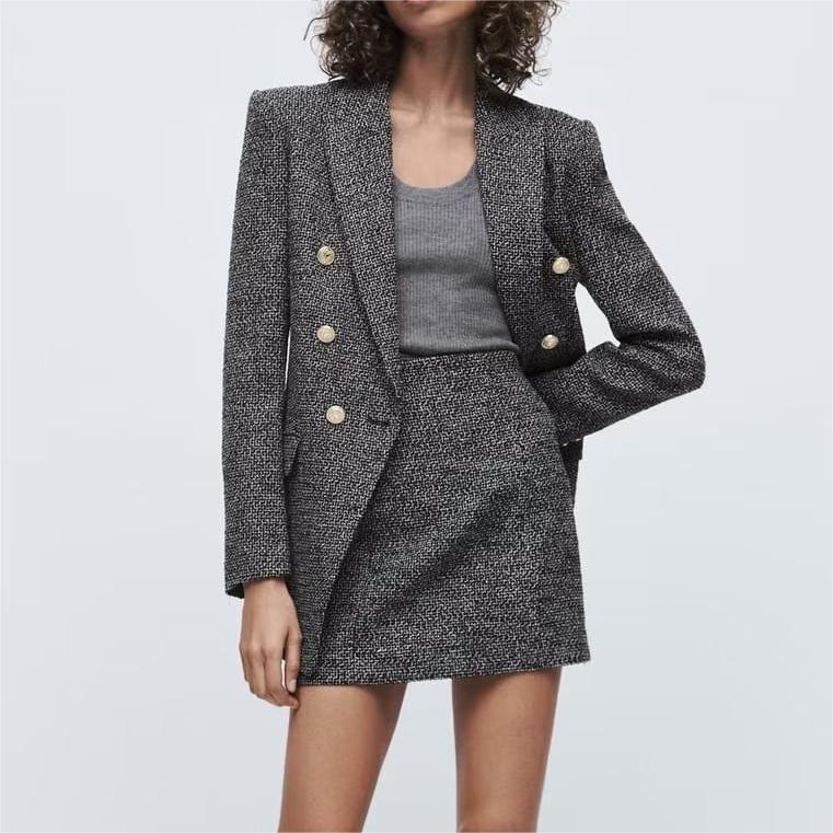 Women Autumn Winter Collared Loose Long Sleeve Texture Double Breasted Blazer