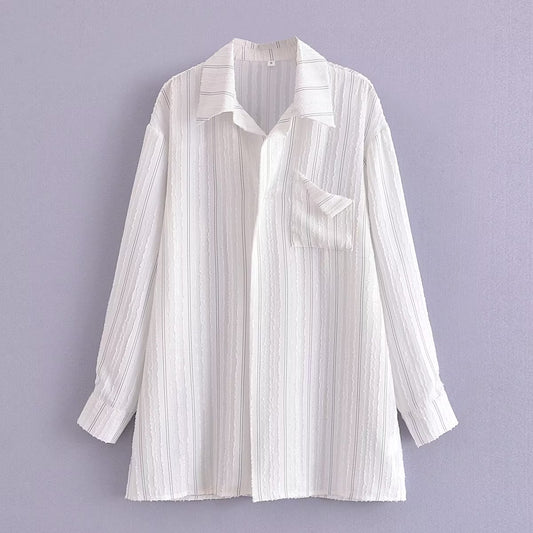 Loose Lazy Missing Mid Length White Striped Shirt Long Sleeve Top Women