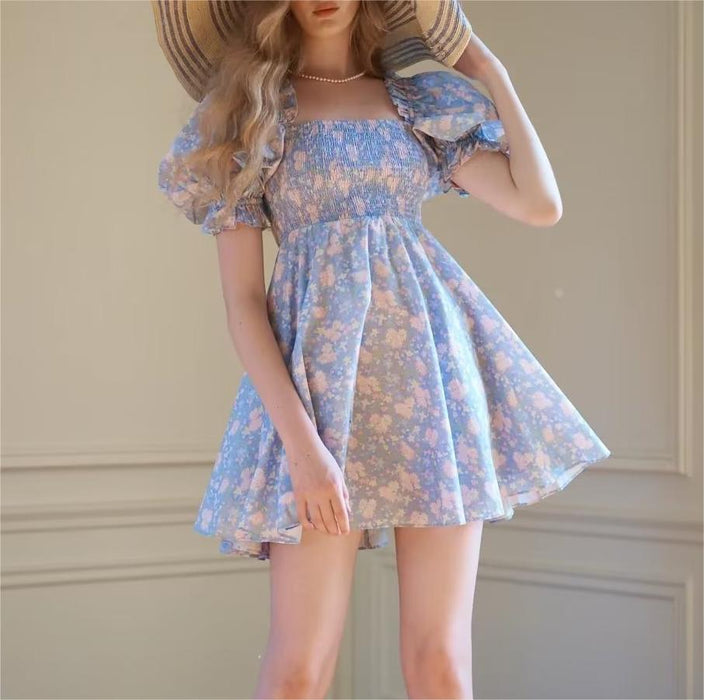 Women Clothing Summer Puff Sleeve High Waist Dress A line Dress