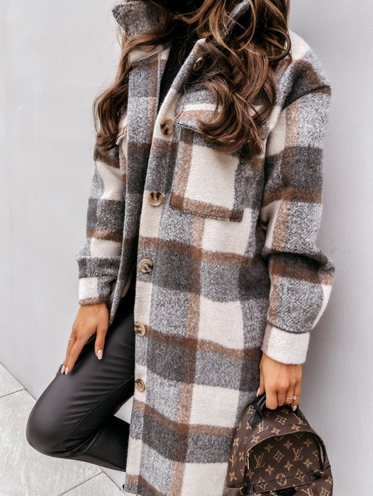 Women  New Fall Winter Long Sleeve Long Plaid Printed Shirt Woolen Jacket