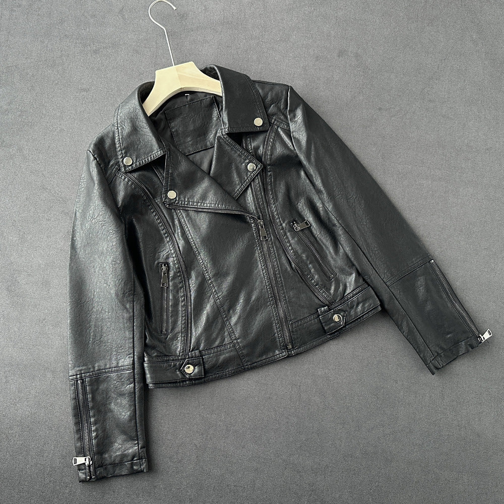Spring Women Short Slim Fit Motorcycle Faux Leather Washed Leather Jacket Collared Coat
