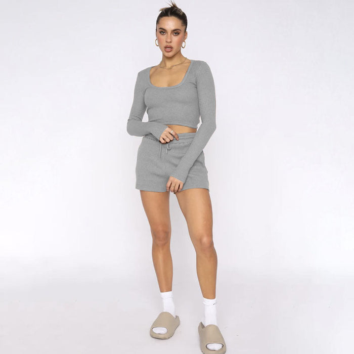 Spring Waffle Solid Color U Neck Long Sleeved Short Women Clothing Casual Shorts Suit