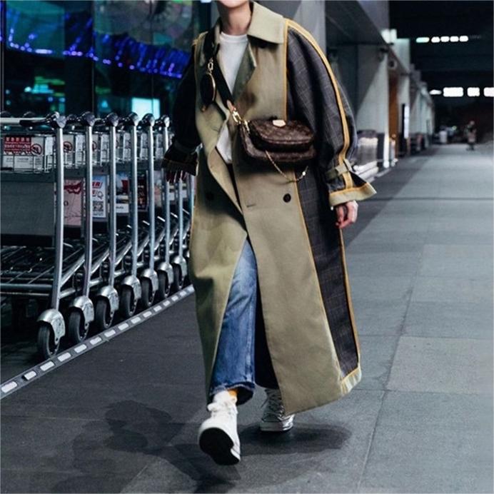 Celebrity Trench Coat Autumn Personalized Double Breasted Plaid Stitching Mid Length Baggy Coat
