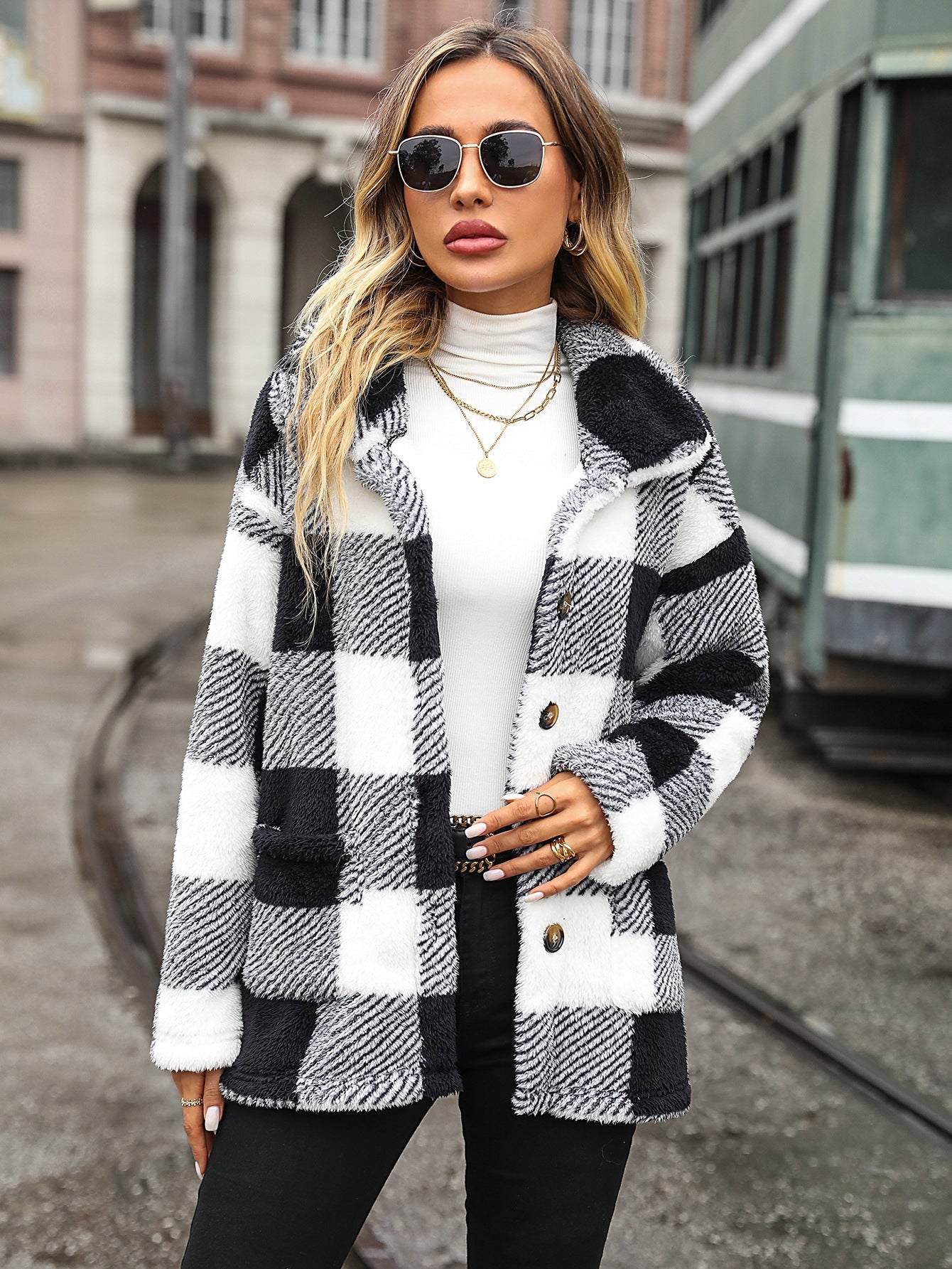 Autumn Winter Women Collared Long Sleeve Mid Length Plaid Single Breasted Plush Casual Jacket