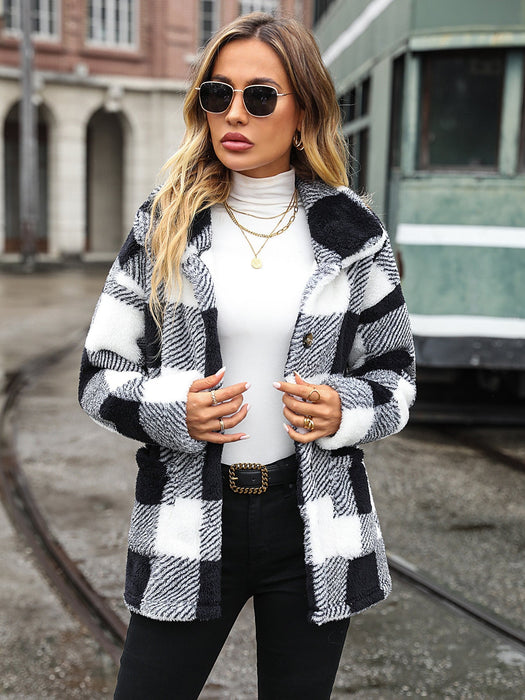 Autumn Winter Women Collared Long Sleeve Mid Length Plaid Single Breasted Plush Casual Jacket