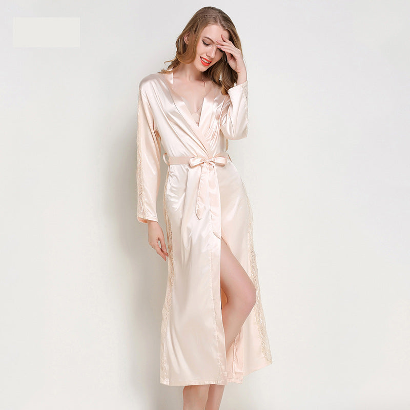 Women Pajamas Emulation Silk Nightgown Lace-up Sexy Long Robe Bathrobe Solid Color Homewear