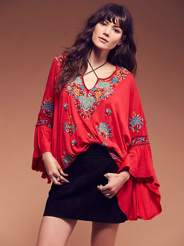 Women Summer V Neck Lace Up Bohemian Vacation Gorgeous Embroidered Top