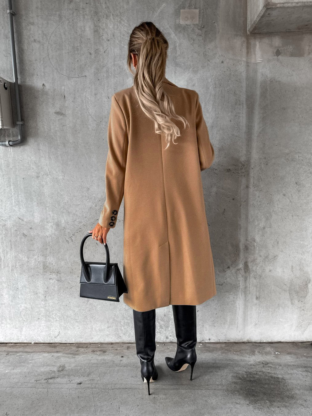Autumn Winter Women Clothing Long Sleeve Polo Collar Solid Color Double Breasted Slim Coat Woolen Coat