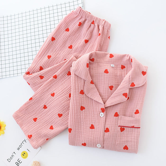 Women Cotton Crepe Pajamas Set Spring Autumn Thin Double-Layer Gauze Long-Sleeved Trousers Collared Soft Homewear