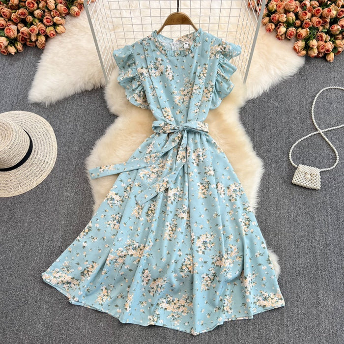 New Fashion Women A line Stand Neck Waist Chiffon Lotus Sleeve Dress