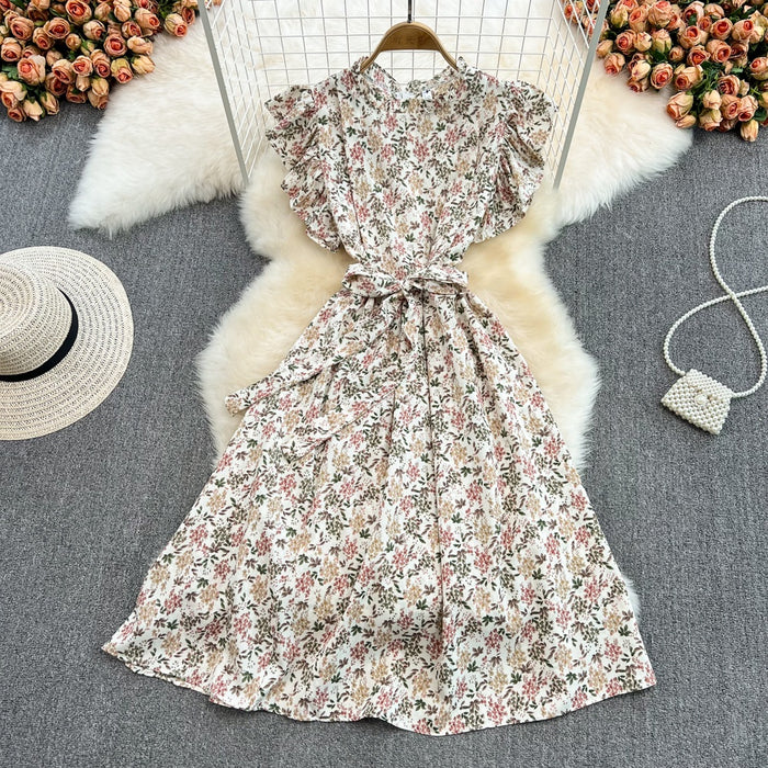 New Fashion Women A line Stand Neck Waist Chiffon Lotus Sleeve Dress