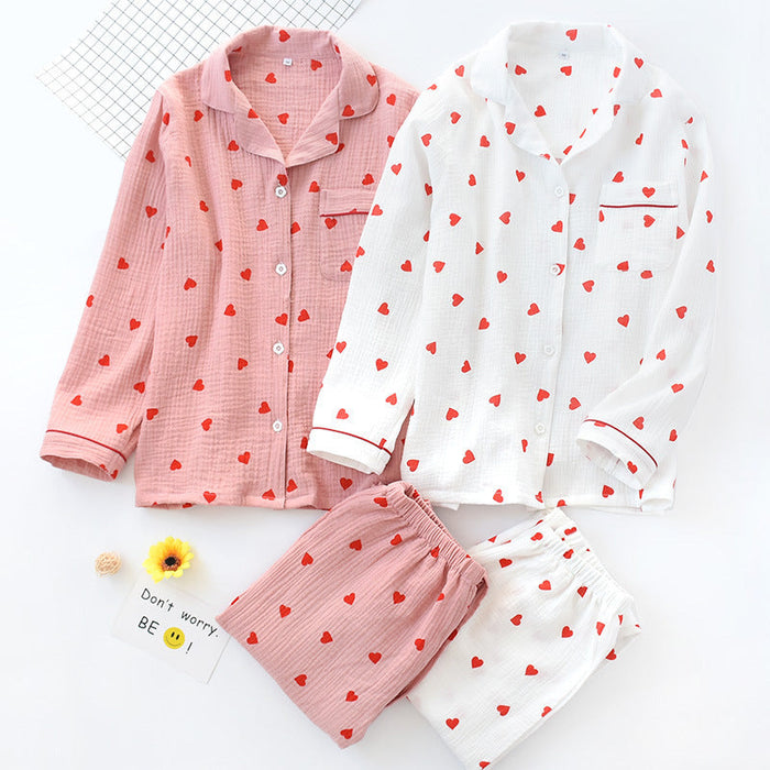 Women Cotton Crepe Pajamas Set Spring Autumn Thin Double-Layer Gauze Long-Sleeved Trousers Collared Soft Homewear