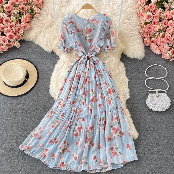 New Fashion A line V neck Short Sleeve Irregular Ruffle Flower Dress