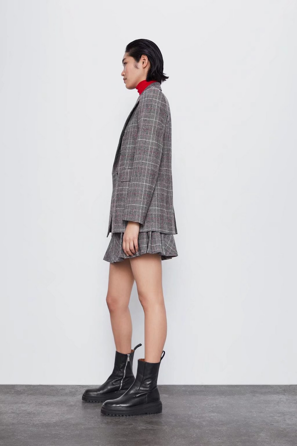 Office Color Contrast Check Double Breasted Set Slim Coat Winter Pocket Decoration Long Sleeve Skirt Set