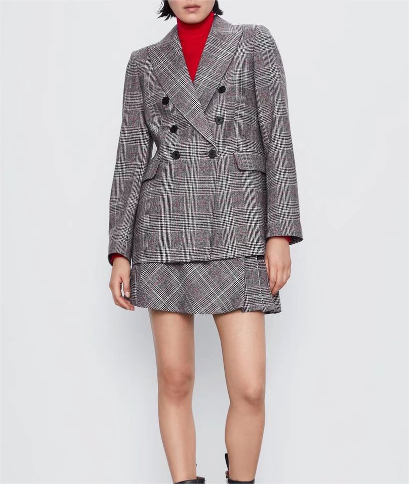 Office Color Contrast Check Double Breasted Set Slim Coat Winter Pocket Decoration Long Sleeve Skirt Set