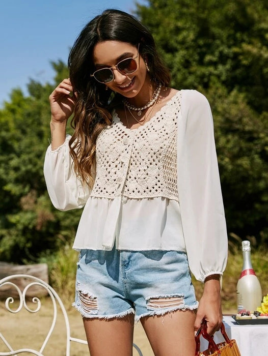 Women Spring Fall Elegant Regular Long Sleeve Patchwork Short Blouses