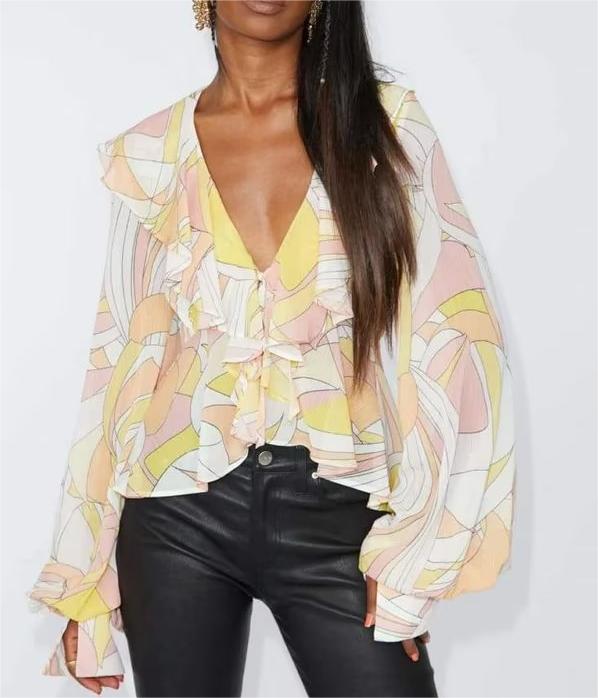 Autumn Winter Printed Lantern Sleeve Collared Cardigan Single Breasted Casual Shirt Women Top