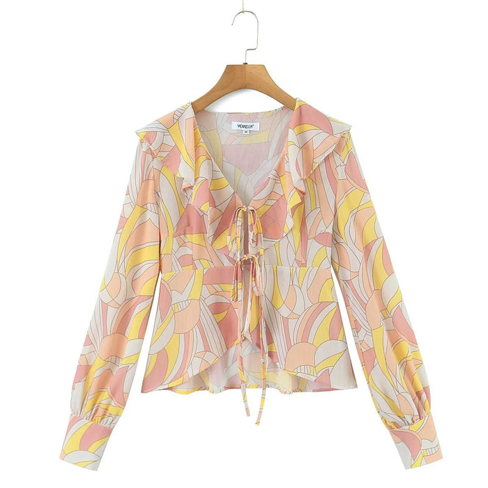 Autumn Winter Printed Lantern Sleeve Collared Cardigan Single Breasted Casual Shirt Women Top