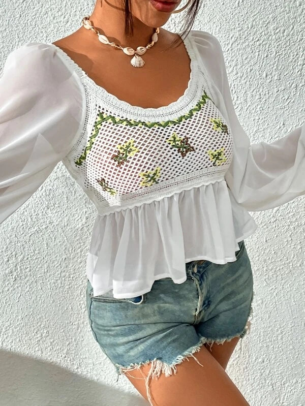 Women Spring Fall Embroidery Patchwork Tulle Crew Neck Blouses