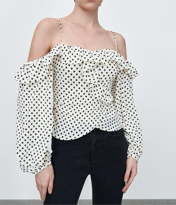 Autumn Casual Korean Women Polka Dot Pullover Boat Neck off the Shoulder Strap Shirt