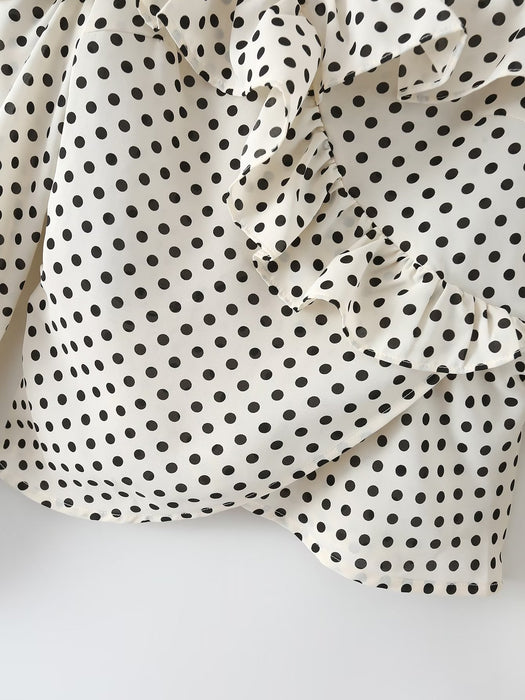 Autumn Casual Korean Women Polka Dot Pullover Boat Neck off the Shoulder Strap Shirt