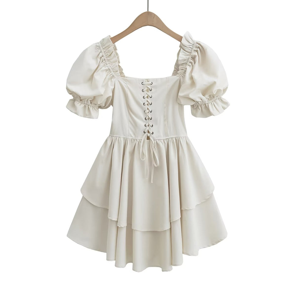 Vintage Court Puff Sleeve Irregular Asymmetric A line Dress White Lace up Waist Dress Women