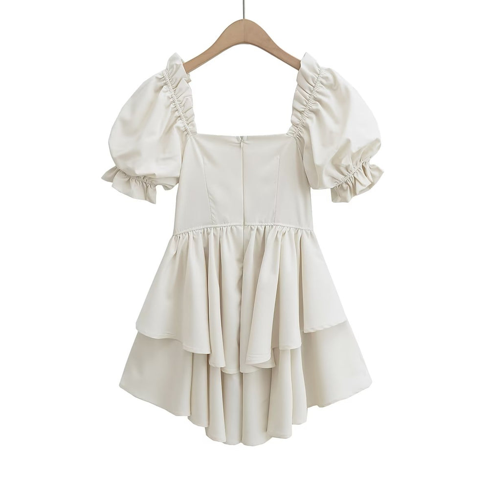 Vintage Court Puff Sleeve Irregular Asymmetric A line Dress White Lace up Waist Dress Women