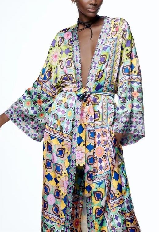 Women  Clothing Summer Printed Lace up Kimono TrenchCoats Women