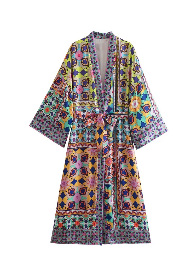 Women  Clothing Summer Printed Lace up Kimono TrenchCoats Women