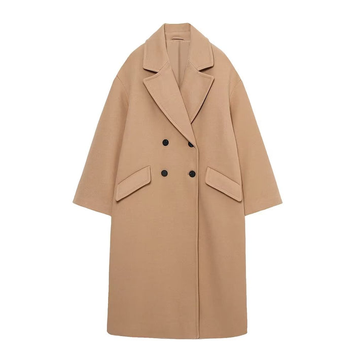 Women Clothing Double Breasted Loose Four Colors Woolen Coat Outerwear