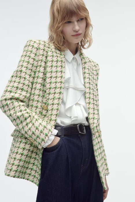 Early Spring Women Clothing Lattice Textured Double Breasted Blazer