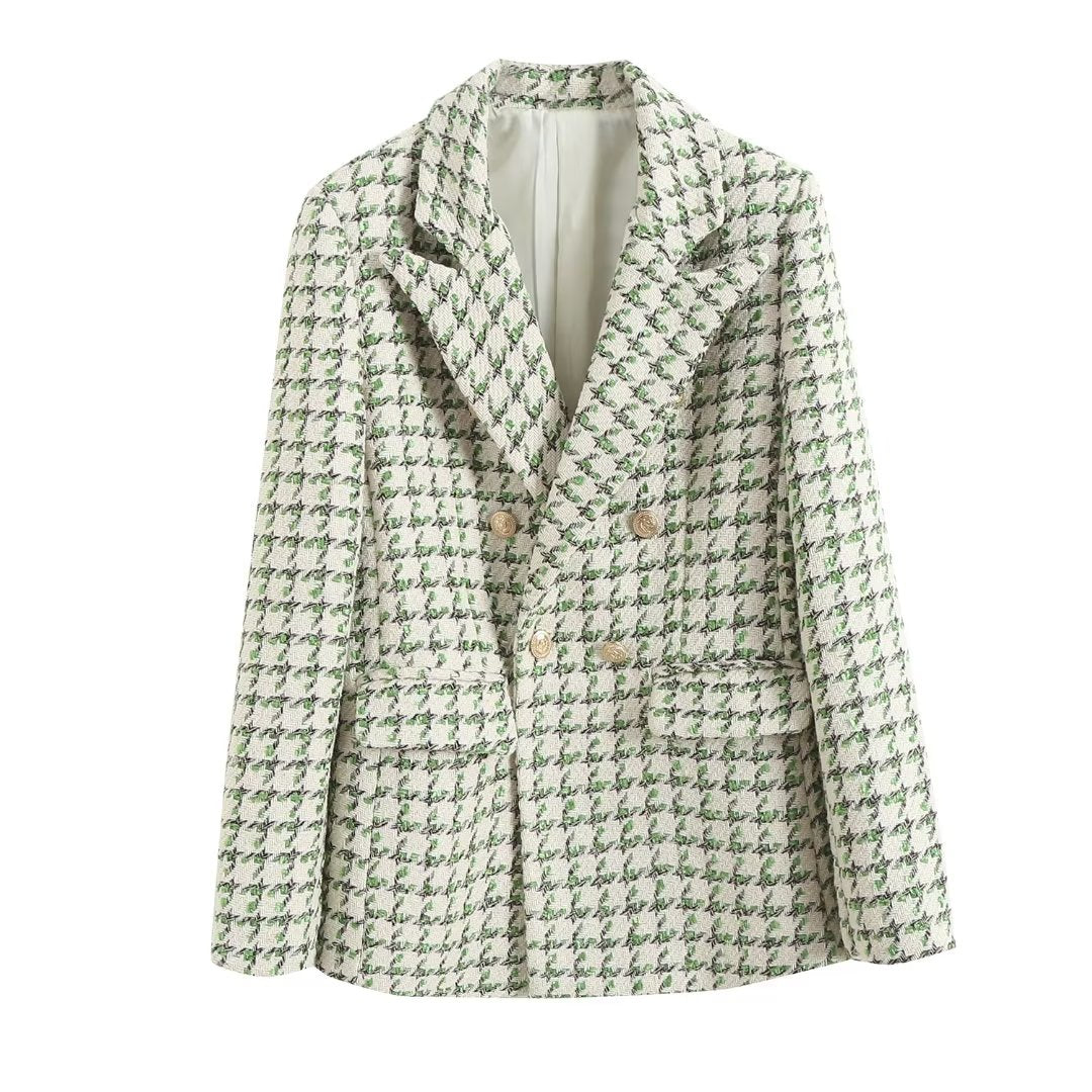 Early Spring Women Clothing Lattice Textured Double Breasted Blazer