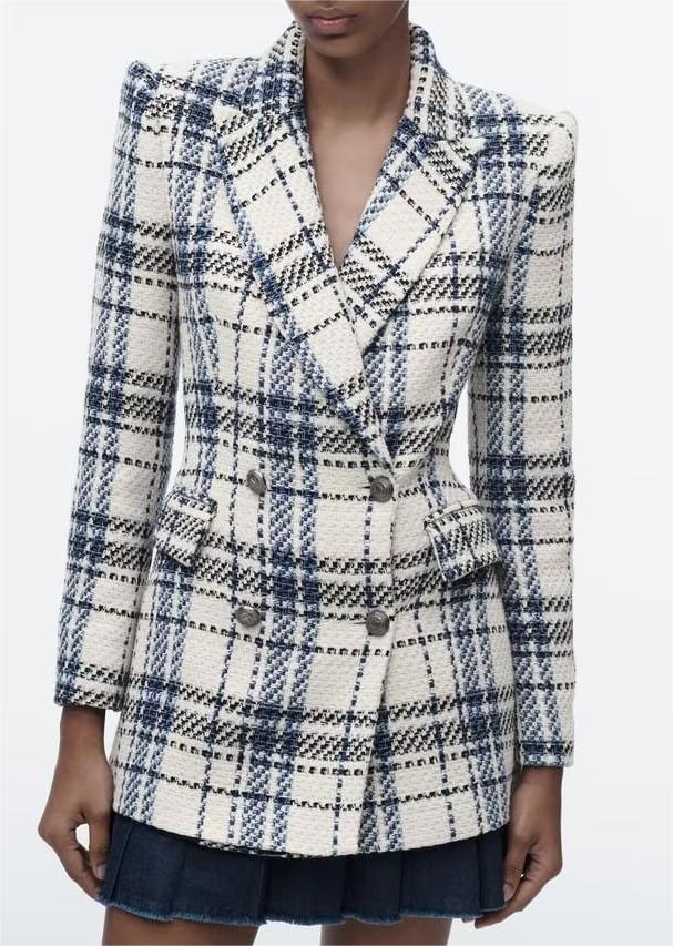 Autumn Winter Double Breasted Printing Plaid Wool Coat Blazer