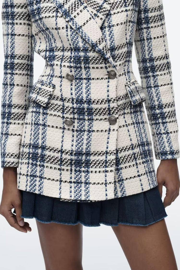 Autumn Winter Double Breasted Printing Plaid Wool Coat Blazer