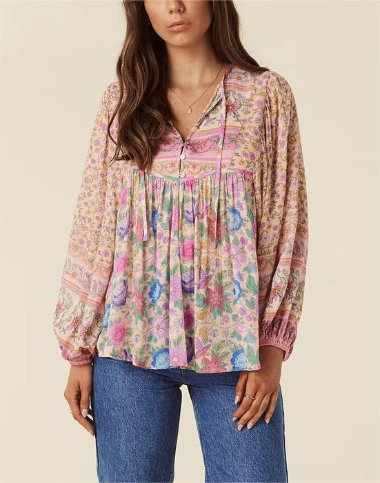 Spring Positioning Printing Patchwork Top Ethnic Vacation Long Sleeve Rayon Shirt Women