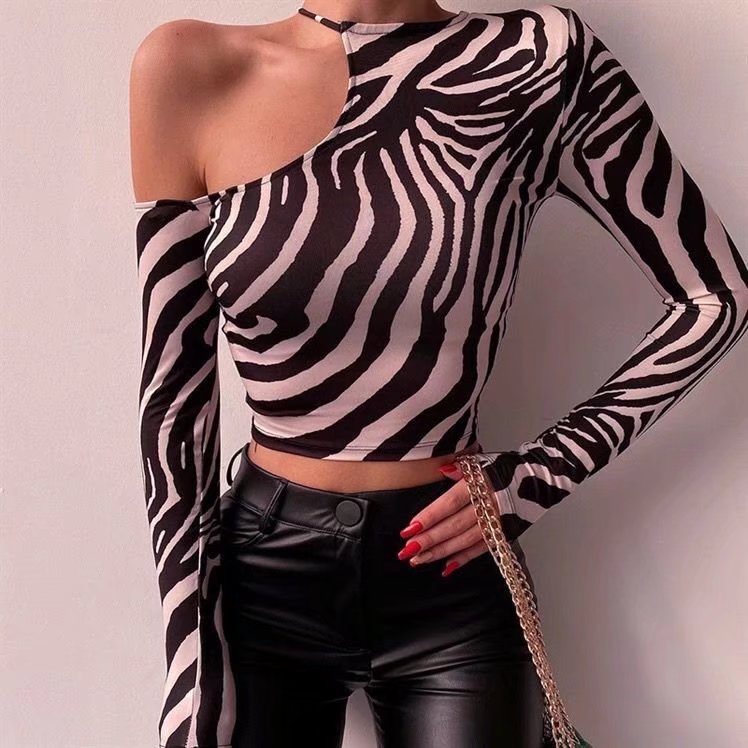 Oblique Shoulder Irregular Asymmetric Snake Pattern Printed Bottoming Shirt Fashionable Women Off Shoulder Long Sleeve T Shirt Top