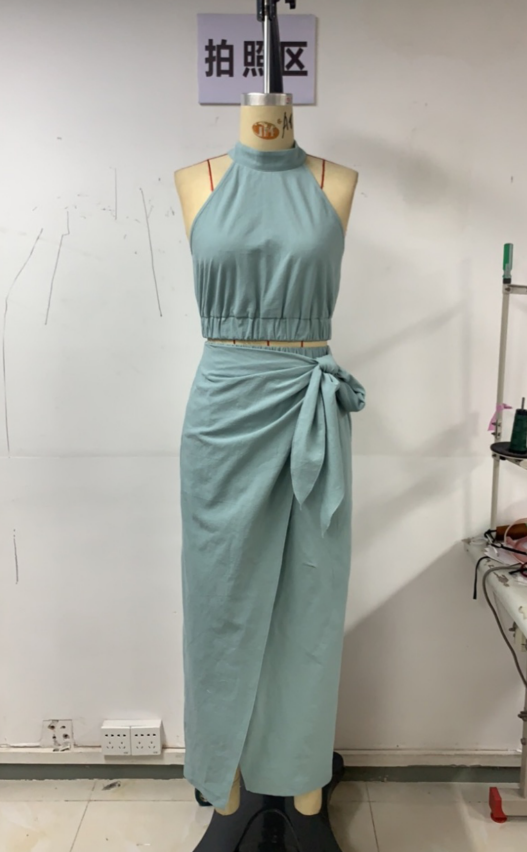 Spring Summer Women Clothing Solid Color Casual Halter Sleeveless Skirt Set for Women
