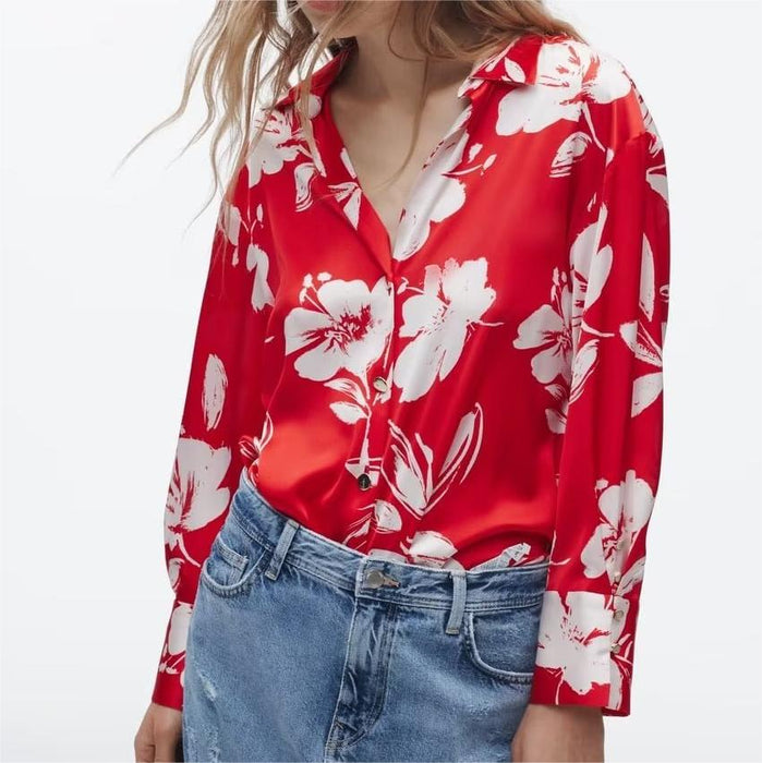 Spring Summer Women Silk Satin Texture Button Decoration Red Floral Print Shirt