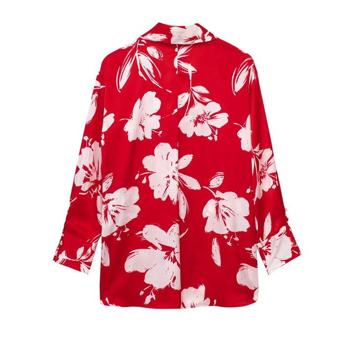 Spring Summer Women Silk Satin Texture Button Decoration Red Floral Print Shirt