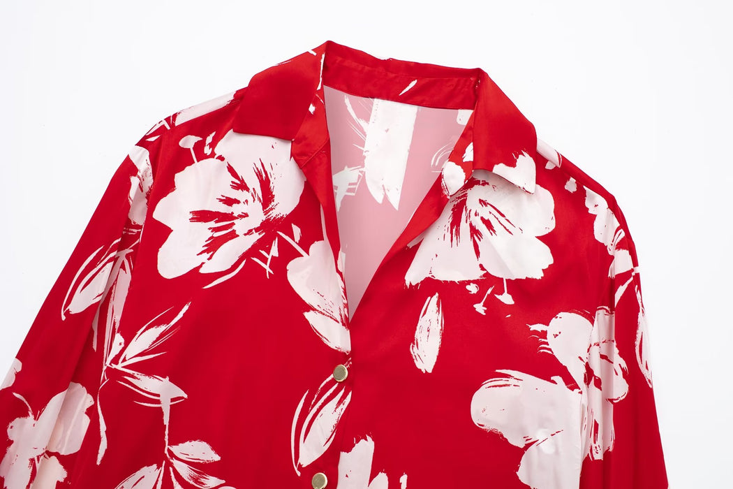 Spring Summer Women Silk Satin Texture Button Decoration Red Floral Print Shirt