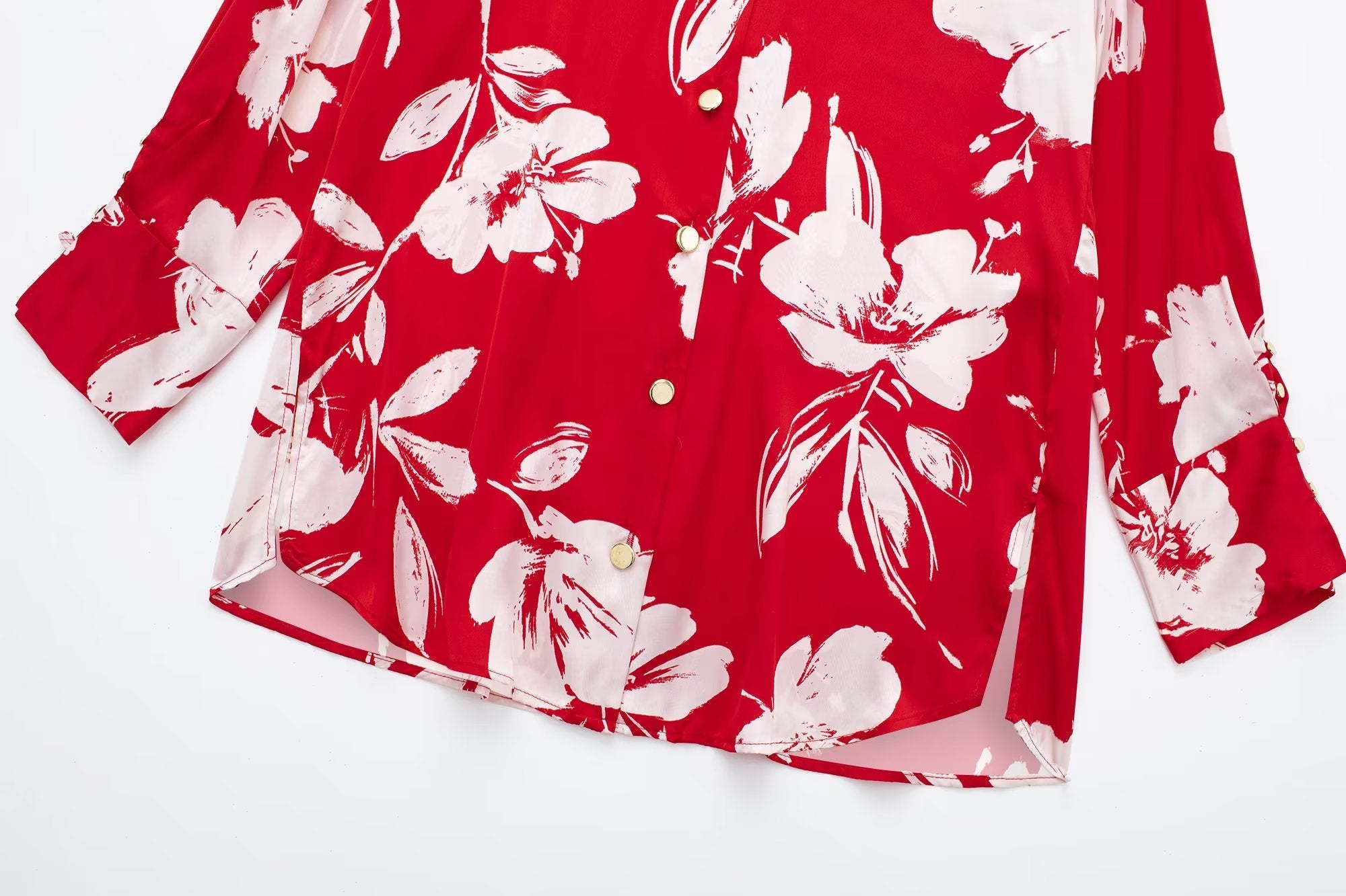 Spring Summer Women Silk Satin Texture Button Decoration Red Floral Print Shirt