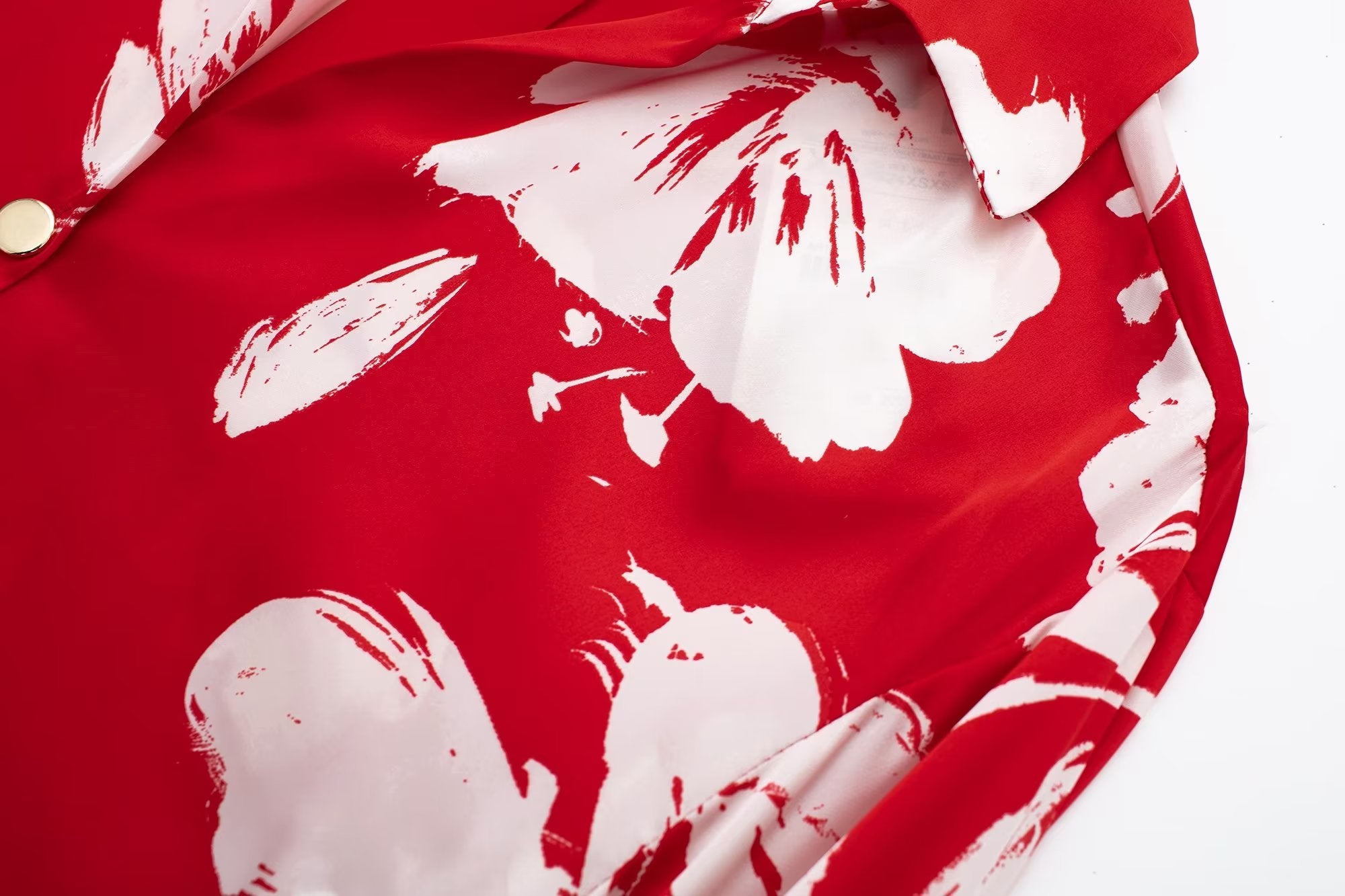 Spring Summer Women Silk Satin Texture Button Decoration Red Floral Print Shirt
