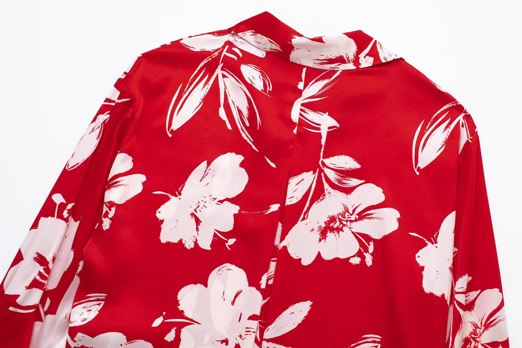 Spring Summer Women Silk Satin Texture Button Decoration Red Floral Print Shirt